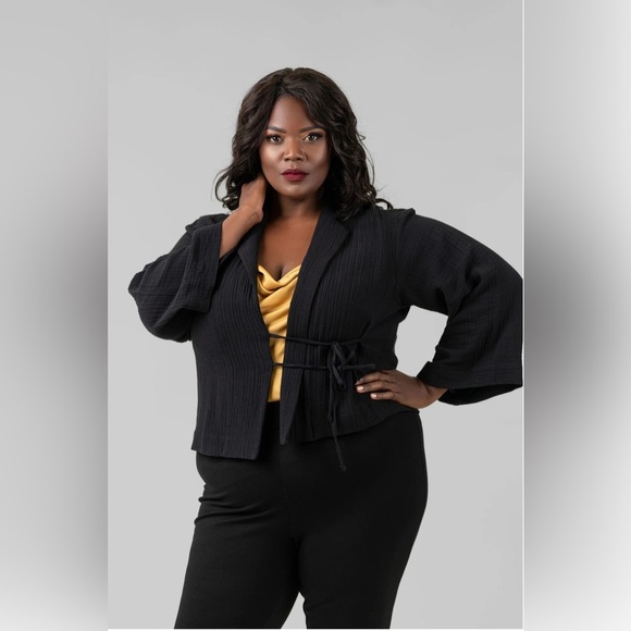 Bitte Kai Rand Double Weave‎ Short Jacket Medium Gray Gauzy Asymmetrical Tie - Picture 9 of 12